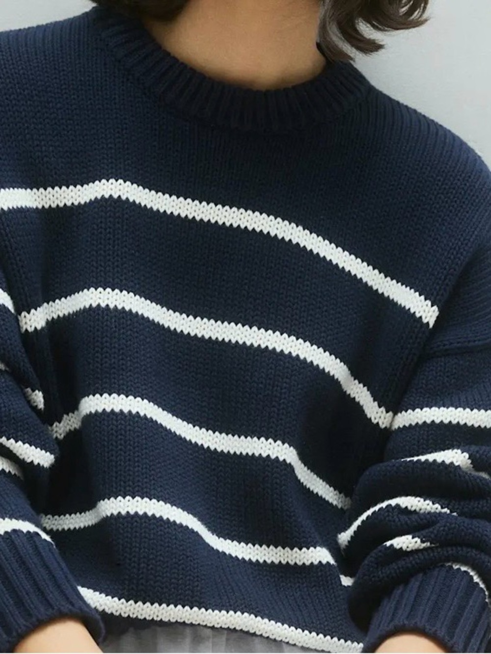 Quince Navy and White Striped Crewneck Sweater